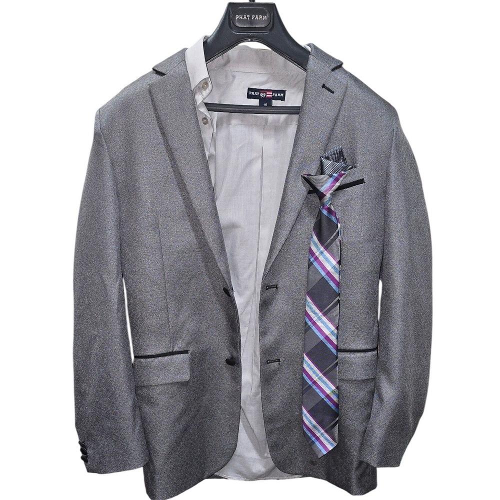 Phat Farm Boys Grey Blazer Shirt Tie Set Size 16 Formal Suit Jacket Elbow Patche